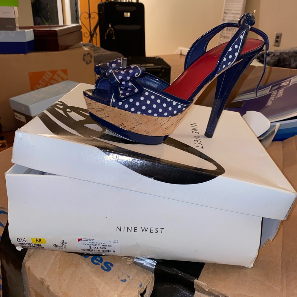 Cute blue and white poka dot high heels red bottoms